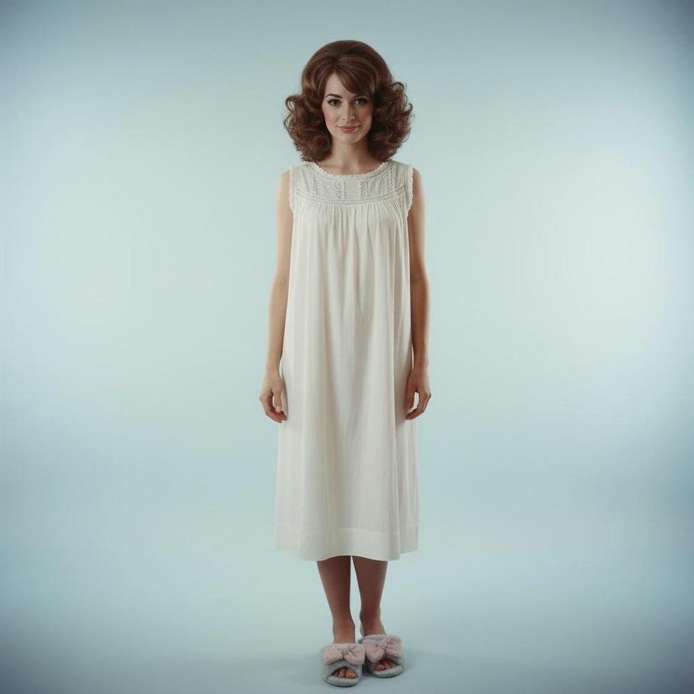1950s Cotton and Floral Lace White Nightgown by Iris Smocked (Size M/L/XL)